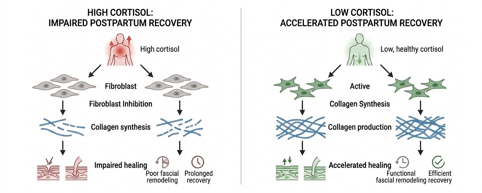A biological cascade diagram showing the impact of high cortisol (fibroblast inhibition, impaired healing) versus low cortisol (collagen synthesis, accelerated healing) on the postpartum body.