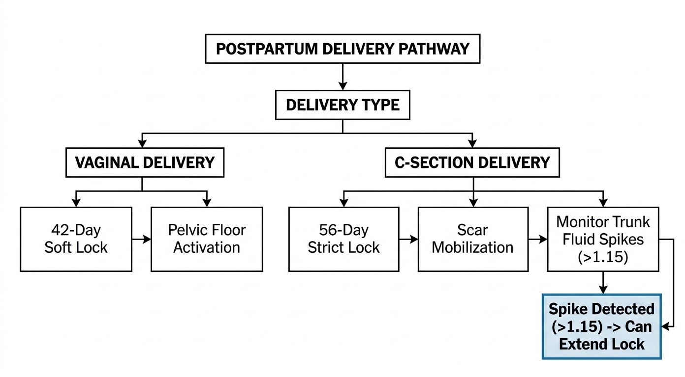 A logical decision tree diagram for postpartum delivery pathways. It shows a decision point for delivery type. For Vaginal: 42-day soft lock and pelvic floor activation. For C-Section: 56-day strict lock, scar mobilization, and a monitor for trunk fluid spikes (>1.15) which can extend the lock.