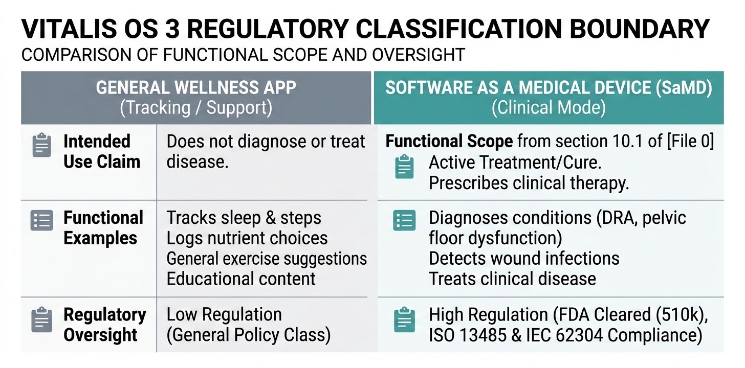 A regulatory boundary matrix comparing General Wellness Apps (tracking, logging, education) with Software as a Medical Device (diagnosis, treatment, clinical therapy) for Vitalis OS 3.