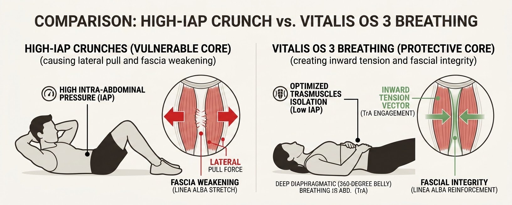 A vector comparison diagram between high-IAP crunches (causing lateral pull and fascia weakening) and Vitalis OS 3 breathing (creating inward tension and fascial integrity).