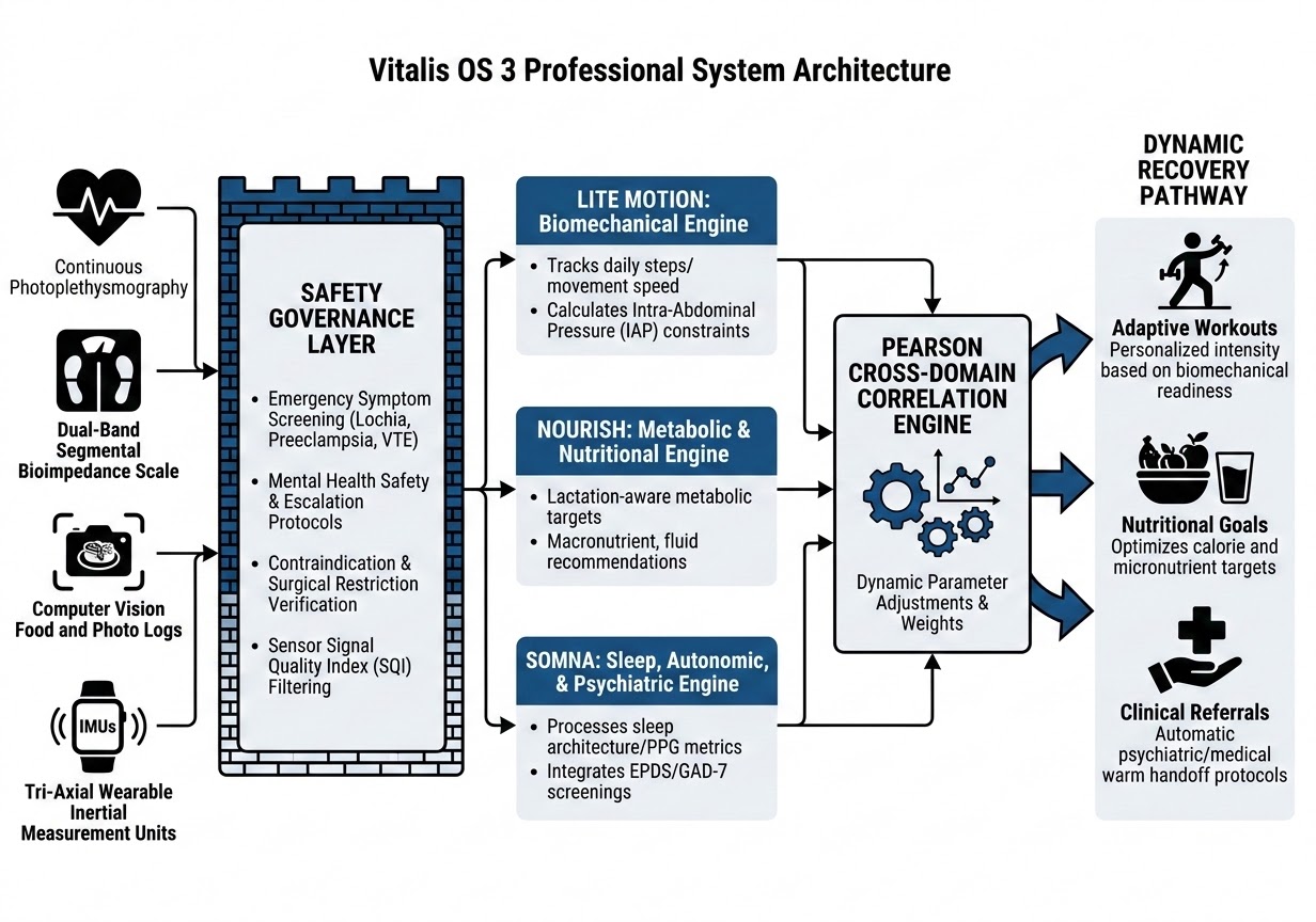 A professional system architecture flowchart for Vitalis OS 3. It shows inputs like PPG, BIA, and Wearable IMUs feeding into a Safety Governance Layer. This layer then directs data to three parallel engines: Lite Motion, Nourish, and Somna. All three engines feed into a central Pearson Cross-Domain Correlation Engine, which outputs a Dynamic Recovery Pathway including adaptive workouts and nutritional goals.