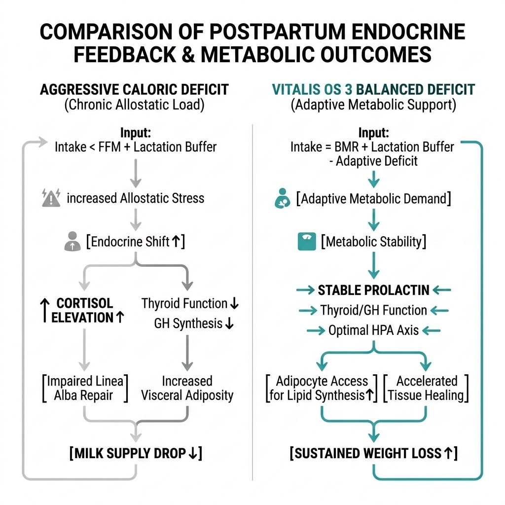 An endocrine feedback diagram comparing aggressive deficits (cortisol elevation, milk supply drop) with Vitalis OS 3 balanced deficits (stable prolactin, sustained weight loss).