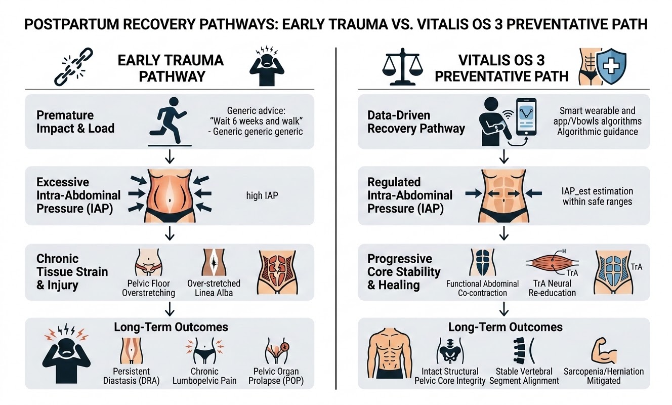 A comparison diagram between the Early Trauma Pathway (premature loading leading to POP and DRA) and the Vitalis OS 3 Preventative Path (regulated IAP and TrA re-education leading to core integrity and stability).