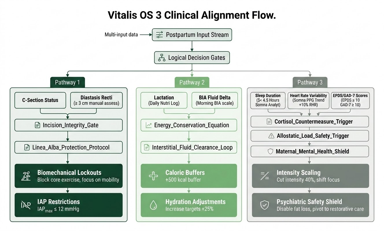 A clean, professional infographic titled 'Vitalis OS 3 Clinical Alignment Flow.' The diagram shows a central 'Postpartum Input Stream' feeding into a series of logical decision gates. Key pathways include: 1) Physical Metrics (C-Section status or Diastasis Recti) mapping to 'Biomechanical Lockouts' and 'IAP Restrictions.' 2) Metabolic Status (Lactation or BIA Fluid Delta) mapping to 'Caloric Buffers' and 'Hydration Adjustments.' 3) Bio-Psychosocial Inputs (Sleep duration, Heart Rate Variability,