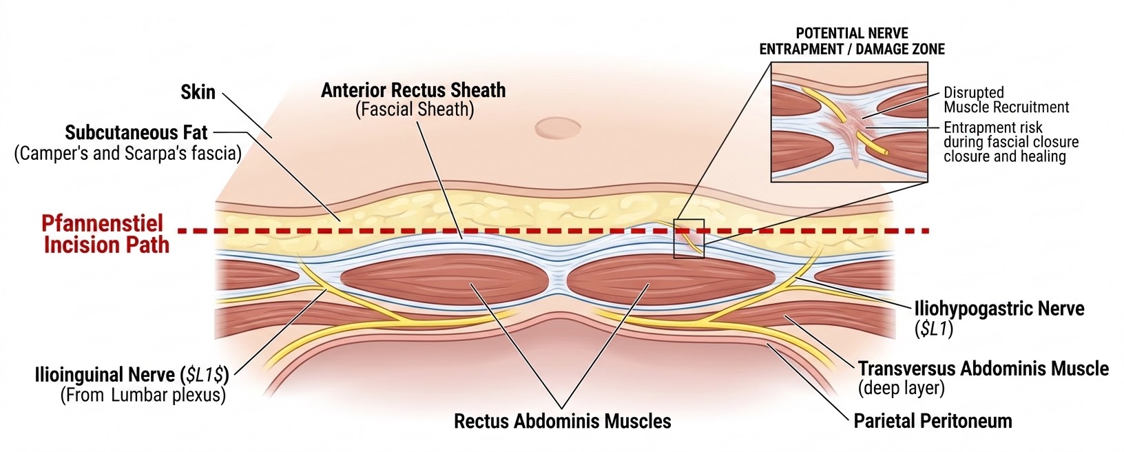 An anatomical cross-section diagram of a Pfannenstiel incision, showing the path through the subcutaneous layers and the potential impact on the ilioinguinal nerves and fascial sheath.
