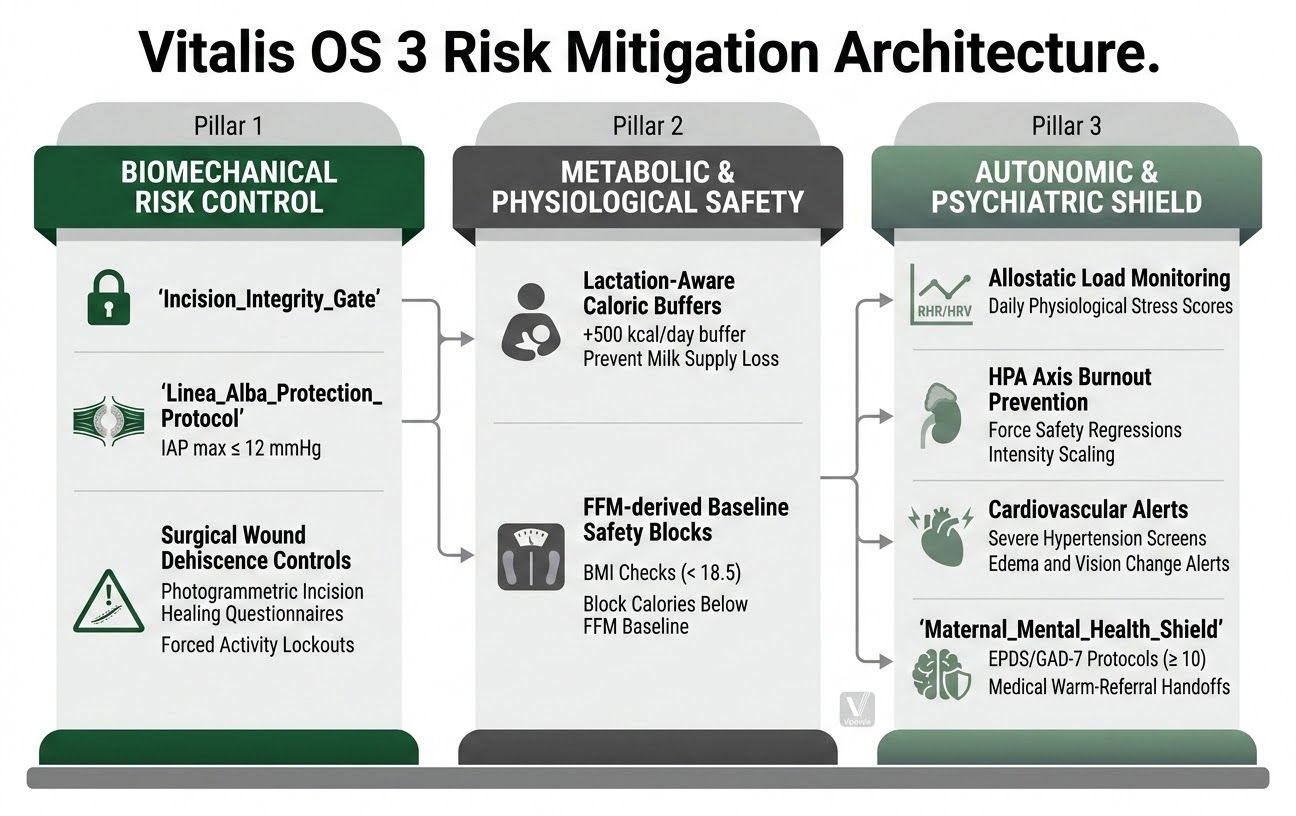 A professional, branded infographic diagram titled "Vitalis OS 3 Risk Mitigation Architecture." The diagram organizes the postpartum risk-mitigation framework into three functional pillars: Biomechanical (IAP gates and surgical wound dehiscence controls), Metabolic (lactation-aware caloric buffers and FFM-based safety blocks), and Autonomic/Psychiatric (HPA axis monitoring, cardiovascular alerts, and the Maternal Mental Health Shield). The design uses a technical green and grey aesthetic to matc