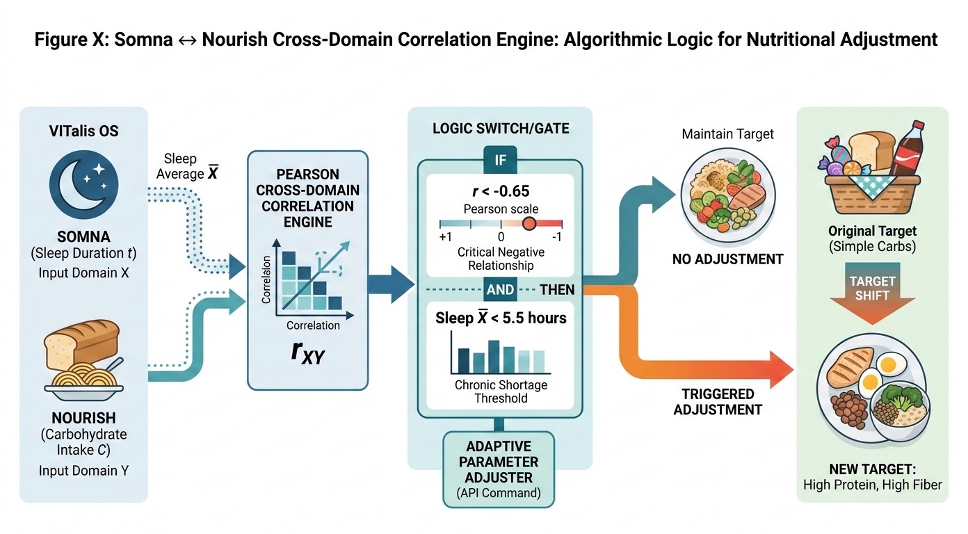 A conceptual diagram showing the Pearson Correlation between Somna (Sleep) and Nourish (Carbohydrate intake). It illustrates that when correlation r is less than -0.65 and sleep is under 5.5 hours, the Adaptive Parameter Adjuster triggers a shift to high-protein, high-fiber targets.